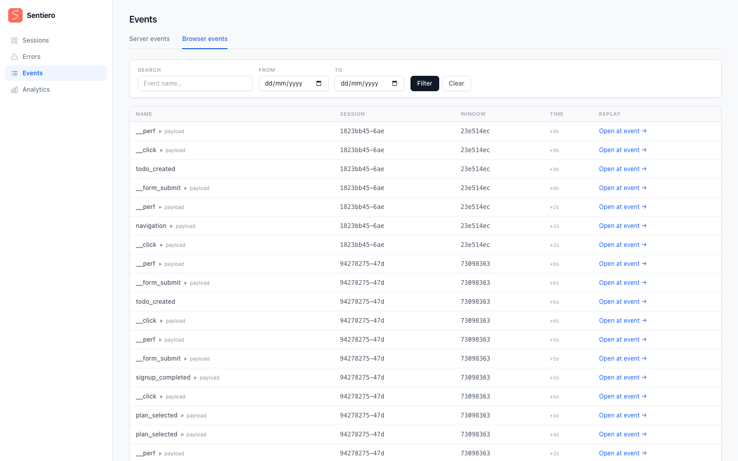 Browser custom events log in the dashboard's Events view, showing tag names, timestamps, and payloads