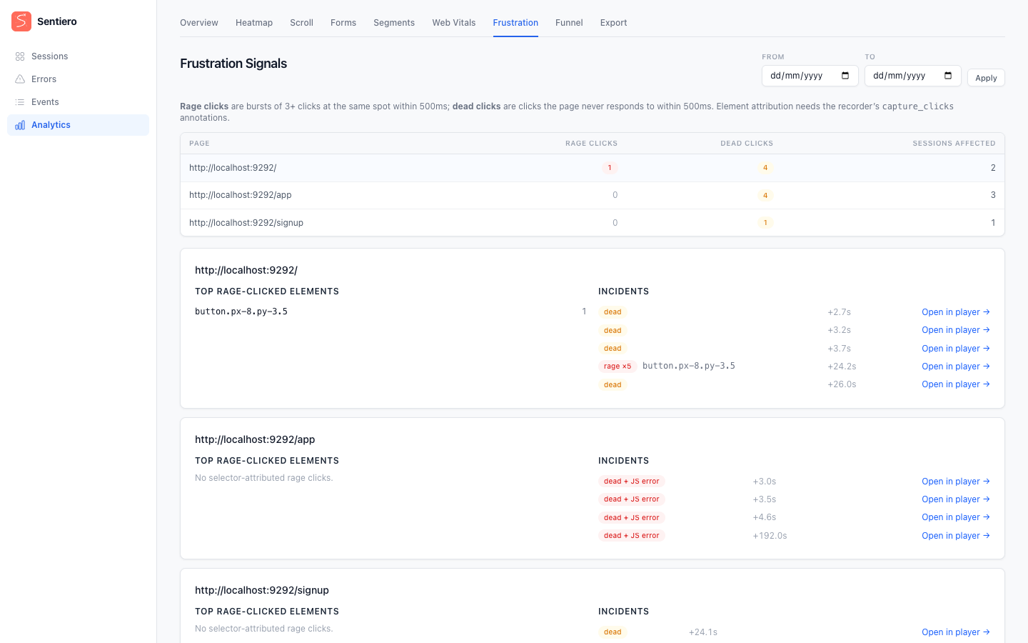 Frustration signals: rage clicks and dead clicks per page