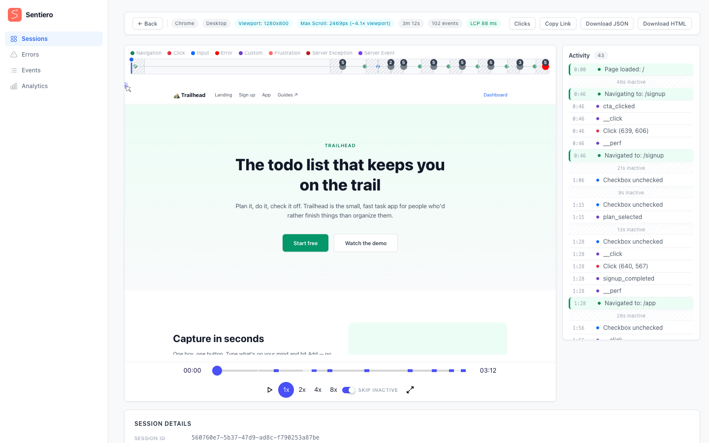Sentiero session replay dashboard: rrweb playback with a color-coded event timeline and activity sidebar