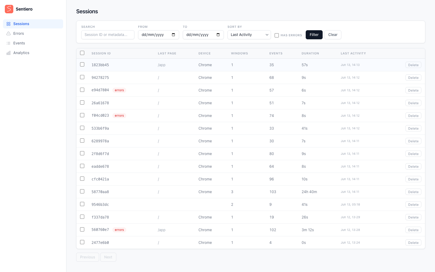 Session list with search filters and per-session metrics including event counts, duration, and error badges